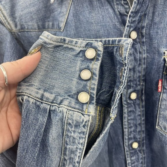 VTG Levi's Big E Sawtooth Short Horn Pearl Snap Button Denim Shirt Sanforized - Picture 8 of 16